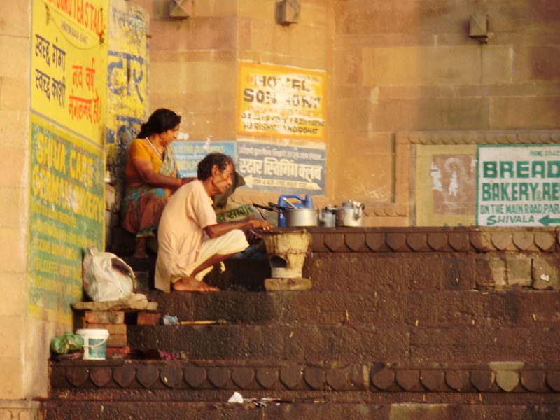 Drinking traditional Chai on ghats in Varanasi